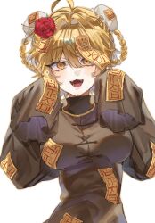  1girl blonde_hair brown_raincoat brown_robe bun_cover commentary_request don_quixote_(project_moon) double_bun e.g.o_(project_moon) hair_bun highres korean_commentary limbus_company long_sleeves ofuda ofuda_on_arm ofuda_over_one_eye open_mouth project_moon red_sheet_(e.g.o) robe simple_background sleeves_past_wrists solo talisman white_background wwwww_910 yellow_eyes 