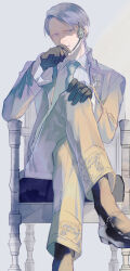  black_gloves black_shoes black_socks chair collared_shirt commentary_request final_fantasy final_fantasy_xiv gloves grey_hair hand_on_own_face hand_on_own_knee headset highres jacket madaizi necktie old pants shirt shoes side_part sitting socks the_president_(ff14) white_background wrinkled_skin 