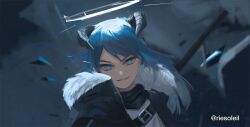  1girl arknights black_horns black_jacket blue_background blue_eyes blue_hair blurry blurry_background commentary eye_trail fur-trimmed_jacket fur_trim halo horns jacket light_trail long_hair mostima_(arknights) open_clothes open_jacket riesoleil smile solo twitter_username white_halo 