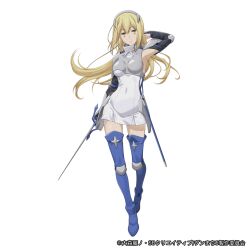  1girl adjusting_hair aiz_wallenstein arm_up armor artist_request black_gloves blonde_hair blue_boots boobplate boots breastplate breasts copyright_name copyright_notice couter covered_collarbone covered_navel covered_underboob dress dungeon_ni_deai_wo_motomeru_no_wa_machigatteiru_darou_ka elbow_gloves faulds floating_hair full_body gloves grey_armor hairband hand_in_own_hair hand_up highres holding holding_sword holding_weapon long_hair looking_at_viewer medium_breasts metal_hairband official_art open_mouth scabbard second-party_source sheath simple_background solo standing sword thigh_boots thighs weapon white_background white_dress yellow_eyes zettai_ryouiki 