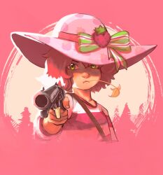  1girl :< :t aiming aiming_at_viewer bow closed_mouth food_print fruit_print green_eyes gun hair_between_eyes hat hat_bow holding holding_gun holding_weapon konan_saurus large_hat looking_at_viewer mouth_hold pink_background pink_hair pink_shirt pink_theme red_dead_redemption red_dead_redemption_(series) revolver shirt short_hair solo stalk_in_mouth strawberry_print strawberry_shortcake_(series) three-quarter_sleeves two-tone_shirt upper_body weapon white_shirt 
