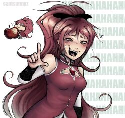  1girl apple artist_name blush breasts chibi eating food fruit laughing magical_girl mahou_shoujo_madoka_magica mahou_shoujo_madoka_magica_(anime) ponytail red_eyes red_hair sakura_kyoko sakura_kyoko_(magical_girl) santsunnyz simple_background solo soul_gem white_background 