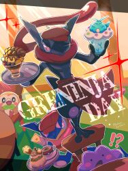  !? 1other apron buneary chair character-themed_food character_name commentary_request ditto full_body greninja hat highres holding holding_tray pokemon pokemon_(creature) pokemon_cafe_remix red_apron red_eyes red_hat rowlet runachikku sparkle swablu tray waist_apron 