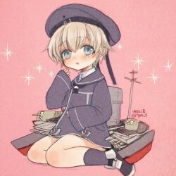  1girl blue_dress blue_eyes blue_sailor_collar blue_socks blush clothes_writing commentary_request dated dress hair_between_eyes hat kantai_collection long_sleeves looking_at_viewer parted_lips pink_background sailor_collar sailor_dress sailor_hat sanada_nako short_dress short_hair simple_background sitting sleeves_past_wrists socks solo sparkle twitter_username z1_leberecht_maass_(kancolle) 