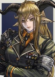  1girl animal_ears arknights armband arms_under_breasts black_gloves black_necktie blonde_hair blue_background border breasts bright_pupils closed_mouth collared_shirt commentary_request crossed_arms crossed_bangs degenbrecher_(arknights) double-parted_bangs ginkado gloves goat_ears goat_girl goat_horns grey_armband hair_between_eyes highres horns jacket kjerag_logo large_breasts long_hair long_sidelocks looking_at_viewer mature_female medal military_jacket military_uniform necktie orange_shirt outside_border pink_lips plain_epaulettes print_armband shirt sidelocks solo tsurime upper_body v-shaped_eyebrows white_border white_pupils yellow_eyes 