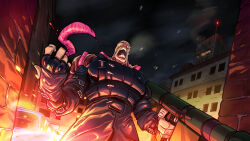  1boy aleforart arm_belt city exposed_muscle fire highres holding holding_rocket_launcher holding_weapon leather nemesis_(resident_evil) night one-eyed open_mouth resident_evil resident_evil_3:_nemesis rocket_launcher single_blank_eye stitched_face stitches tentacles torn_skin weapon 