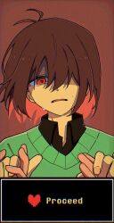  1other black_shirt brown_background brown_hair crying deltarune green_sweater highres holding_hands kris_(deltarune) looking_at_viewer medium_hair noelle_holiday one_eye_covered open_mouth other_focus red_eyes shirt simple_background sweater tears usagi_mochi_(nsi_0012) utdr_(toby_fox) weird_route_(deltarune) 