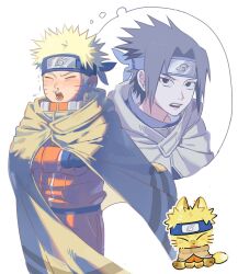  2boys animalization black_eyes black_hair blonde_hair blue_headband closed_eyes cold commentary_request dog facial_mark forehead_protector headband highres jacket jungeoljungeol konohagakure_symbol korean_commentary male_focus multiple_boys naruto_(classic) naruto_(series) orange_jacket person_and_animalization snot trembling uchiha_sasuke uzumaki_naruto whisker_markings 