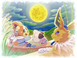  >_< cleffa clothed_pokemon clouds feeding food highres japanese_clothes jolteon kine mallet mochi mochitsuki moon night no_humans outdoors pokemon pokemon_(creature) runachikku scorbunny teddiursa violet_eyes 