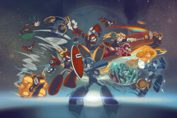  absolutely_everyone air_man android arm_cannon bat_(animal) bat_wings batton_(mega_man) bib_collar blue_helmet bubble bubble_man character_request circular_saw crash_man dog drill_hand electric_fan everyone flash_man green_ribbon heat_man helmet highres holding_saw ld_walker leaf mega_man_(character) mega_man_(classic) mega_man_(series) mega_man_2 metal_man quick_man ribbon robot robot_boy roll_(mega_man) rush_(mega_man) saw saw_blade tornado weapon wings wood_man 