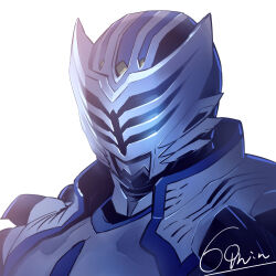  1boy armor close-up commentary_request highres kamen_rider kamen_rider_ryuki_(series) kamen_rider_tiger looking_at_viewer male_focus parashima_tenko simple_background solo tokusatsu white_background 