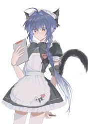  1other ahoge animal_ears apron black_bow black_dress blue_hair bow braid buttons cat_ears cat_tail chest_bow dress enmaided fate/samurai_remnant fate_(series) feminization frilled_apron frills hair_intakes hair_ribbon highres holding holding_pen long_hair maid maid_apron maid_headdress natsukiki orange_eyes pen puffy_short_sleeves puffy_sleeves ribbon short_sleeves simple_background single_braid solo tail thigh-highs white_apron white_background white_thighhighs yamato_takeru_(fate) 