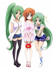  3girls :d absurdres alternate_costume arm_behind_back bag black_shoes blue_shorts blue_skirt blue_socks brown_hair choker dress green_hair hair_ribbon hand_on_another's_shoulder handbag heart-shaped_purse high_ponytail highres higurashi_no_naku_koro_ni jewelry long_hair looking_at_viewer miniskirt multiple_girls necklace pink_dress pink_shoes ponytail ribbon sailor_collar sakai_kyuuta sandals see-through_clothes see-through_sleeves shirt shoes short_shorts shorts simple_background skirt sleeveless sleeveless_shirt smile socks standing standing_on_one_leg thigh-highs v very_long_hair white_background white_shoes yellow_ribbon 
