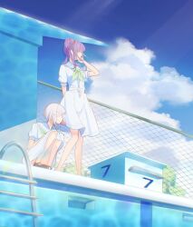 2girls arm_up blue_sky bob_cut caricariume chain-link_fence clouds colored_inner_hair commentary_request cumulonimbus_cloud day dress faceless faceless_female fence flower full_body green_neckerchief hair_bun hair_flower hair_ornament hasu_no_sora_school_uniform highres inverted_bob long_hair love_live! love_live!_hasu_no_sora_jogakuin_school_idol_club medium_dress multicolored_hair multiple_girls neckerchief otomune_kozue outdoors pleated_dress pool poolside puffy_short_sleeves puffy_sleeves purple_hair red_flower red_hair red_streaks sailor_collar school_uniform short_hair short_sleeves side_ponytail single_side_bun sky squatting standing star_(symbol) star_hair_ornament streaked_hair summer_uniform tassel tassel_hair_ornament virtual_youtuber white_dress white_hair white_sailor_collar yugiri_tsuzuri 