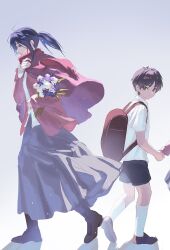  1boy 2girls age_comparison aged_down backpack bag black_hair black_shorts boots bottle brown_bag brown_boots brown_hair brown_shoes cardigan closed_mouth dual_persona eren_yeager flower from_side full_body gradient_background green_eyes grey_skirt highres holding holding_bottle holding_hands long_hair long_skirt long_sleeves looking_at_another looking_back mikasa_ackerman multiple_girls open_cardigan open_clothes out_of_frame pink_cardigan ponytail profile purple_flower red_scarf scarf school_bag shingeki_no_kyojin shirt shoes short_hair short_sleeves shorts skirt walking white_flower white_shirt yun_(dl2n5c7kbh8ihcx) 