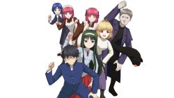  2boys 5girls :d antenna_hair apron arcueid_brunestud azami_masurao black_coat black_dress black_eyes black_hair black_pantyhose black_robe black_skin blue_bow blue_eyes blue_hair blue_jacket blue_pants bow breasts brown_dress brown_kimono buttons ciel_(tsukihime) clenched_hand coat collared_shirt colored_skin curtained_hair dancing dog dress expressionless frilled_apron frills gakuran glasses grey_eyes grey_hair grin group_picture hair_between_eyes hair_bow hairband hand_on_own_knee hand_up highres hisui_(tsukihime) jacket japanese_clothes kimono kohaku_(tsukihime) light_smile long_hair long_sidelocks long_skirt looking_at_viewer maid maid_apron maid_headdress messy_hair mixed_maids multiple_boys multiple_expressions multiple_girls nrvnqsr_chaos nun pale_skin pants pantyhose pink_hair puffy_sleeves purple_skirt red_eyes red_ribbon red_skirt ribbon robe school_uniform shirt short_hair siblings sidelocks simple_background single_hair_intake sisters skirt smile sweater tohno_akiha tohno_shiki trench_coat tsukihime turtleneck turtleneck_sweater twins vampire veiny_face white_hairband white_shirt white_sweater 