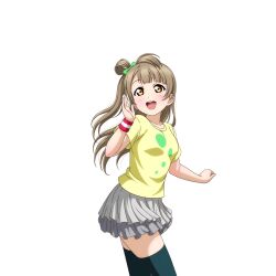  1girl anime_coloring black_thighhighs blush bow breasts brown_hair collarbone cowboy_shot dot_nose from_side green_bow grey_skirt hair_bow hand_up layered_skirt long_hair looking_afar looking_back love_live! love_live!_school_idol_festival love_live!_school_idol_project minami_kotori minami_kotori_(summer_training_wear) miniskirt official_art one_side_up open_mouth palms shirt short_sleeves skirt smile solo standing t-shirt teeth thigh-highs transparent_background upper_teeth_only wristband yellow_eyes yellow_shirt 