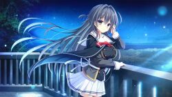  1girl back_bow black_eyes black_hair black_jacket black_thighhighs bow buttons cape da_capo da_capo_v floating_cape floating_hair forest game_asset highres jacket kisaragi_yuu_(kisaragiyu) looking_at_viewer miniskirt nature necktie night non-web_source official_art pleated_skirt post_and_rail_fence red_necktie river sailor_collar school_uniform skirt thigh-highs tokisaka_yukina tucking_hair visual_novel_cg white_bow white_sailor_collar zettai_ryouiki 