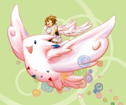  1boy angel angel_wings brown_hair closed_eyes commentary_request crossover green_background kid_icarus kid_icarus_uprising laurel_crown male_focus midori12fawn outline pink_outline pit_(kid_icarus) pokemon pokemon_(creature) smile togekiss white_wings wings 