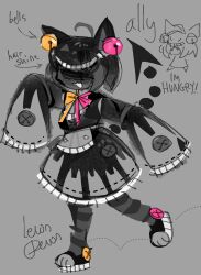  1girl ahoge animal_ears arrow_(symbol) bell buttons cat_ears cat_pattern commentary deltarune doodle_inset english_commentary english_text friend_(deltarune) full_body grey_background hair_bell hair_ornament highres jingle_bell lenondenonn long_sleeves neck_ribbon original pink_ribbon pointing_out_the_details ribbon short_hair sleeves_past_fingers sleeves_past_wrists smile socks solo spot_color striped_clothes striped_socks two-tone_ribbon utdr_(toby_fox) white_trim yellow_ribbon 
