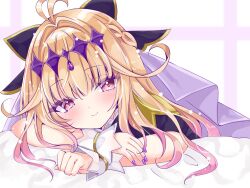  1girl antenna_hair black_bow black_capelet black_dress blonde_hair bow brooch capelet closed_mouth commentary_request cure_arcana_shadow diamond_hairband dress frilled_capelet frilled_cuffs frills gradient_hair hair_intakes heart heart_brooch highres jewelry long_hair looking_at_viewer lying magical_girl meitantei_precure! moria_luluka multicolored_hair nail_polish nanase_nao precure purple_veil purple_wrist_cuffs solo veil very_long_hair violet_eyes wrist_cuffs 