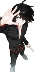  1boy araragi_koyomi arril100 black_eyes black_hair commentary_request hair_over_eyes highres holding holding_sword holding_weapon looking_at_viewer monogatari_(series) muscular muscular_male naoetsu_high_school_uniform school_uniform shoes simple_background sword weapon white_background white_shoes 