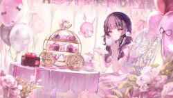  1girl a20_(atsumaru) balloon black_hair commentary_request cup cupcake eyelashes flower food fruit hair_ornament happy_birthday highres himemiya_rie holding holding_cup holding_saucer long_hair macaron official_art pafu_(himemiya_rie) phase_connect pink_eyes pom_pom_(clothes) pom_pom_hair_ornament rose saucer sitting strawberry tablecloth teacup teapot virtual_youtuber white_flower white_rose 