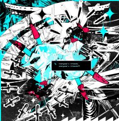  aqua_skin black_hair boots bow colored_skin deltarune english_text hair_bow hair_wings highres knife lingxiankong1 one-eyed partially_colored red_boots red_bow red_eyes red_scarf scarf sparkle two-tone_background utdr_(toby_fox) video_game_dialogue_box 