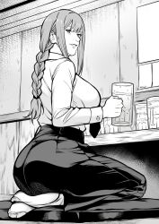  1girl alcohol ass beer_mug black_necktie black_pants braid braided_ponytail breasts business_suit chainsaw_man collared_shirt commentary cup formal_clothes high-waist_pants highres holding huge_ass kei_dragonsheaven large_breasts long_hair looking_at_viewer makima_(chainsaw_man) monochrome mug necktie office_lady pants ringed_eyes shirt shirt_tucked_in sidelocks sitting smile solo suit white_shirt 