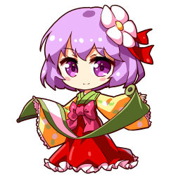  1girl bow chibi chibi_only closed_mouth commentary flower full_body green_kimono hair_flower hair_ornament hakama hieda_no_akyuu holding holding_scroll japanese_clothes kimono looking_at_viewer lowres one-hour_drawing_challenge purple_bow purple_hair red_hakama renren_(ah_renren) scroll short_hair simple_background smile solo touhou violet_eyes white_background white_flower yellow_kimono 