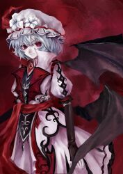  1girl absurdres alternate_costume charlielee86545 closed_mouth commentary dress flower flower_request hat hat_flower highres koumajou_densetsu looking_at_viewer multiple_wings pink_dress pink_hat puffy_short_sleeves puffy_sleeves red_background red_sash remilia_scarlet sash short_hair short_sleeves smile solo touhou waist_sash white_flower wings 
