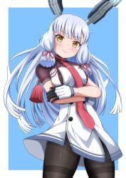  1girl bell_shireikan black_pantyhose blush breasts commentary_request cowboy_shot crossed_arms gloves grey_hair hair_ribbon headgear highres kantai_collection long_hair looking_at_viewer medium_breasts murakumo_(kancolle) murakumo_kai_ni_(kancolle) orange_eyes pantyhose ribbon smile solo thighband_pantyhose tress_ribbon white_background 