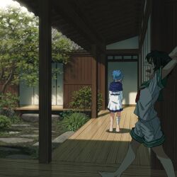  2girls absurdres bandaged_leg bandages barefoot black_hair blue_capelet blue_hair capelet commentary_request day dress facing_away from_behind full_body fusuma green_sailor_collar highres kumoi_ichirin long_sleeves multiple_girls murasa_minamitsu neckerchief open_mouth paid_reward_available ponytail red_neckerchief sailor_collar shadow shirt short_ponytail short_sleeves shorts sliding_doors stretching suteruko toes tongue touhou tree white_dress white_shirt white_shorts wooden_floor yawning 