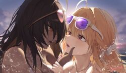  2girls absurdres bare_shoulders bikini black_hair blonde_hair blush bow brown_eyes close-up commentary_request dark-skinned_female dark_skin eyewear_on_head goddess_of_victory:_nikke hair_bow hand_on_another's_chin hand_on_another's_wrist highres jewelry long_hair looking_at_another multiple_girls naga_(nikke) necklace open_mouth pennosuke sunglasses swimsuit tia_(nikke) white_bikini yuri 