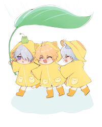  3boys absurdres aged_down alternate_costume animal_ears animal_on_head antenna_hair blonde_hair boots child closed_eyes coat commentary dog_ears dog_tail eliice131 empty_eyes fang frog from_side full_body grey_hair hair_between_eyes hair_over_one_eye happy hat highres holding holding_leaf honkai:_star_rail honkai_(series) hood hooded_coat kemonomimi_mode leaf leaf_umbrella long_hair_between_eyes long_sleeves looking_to_the_side male_focus multiple_boys multiple_persona on_head open_mouth orange_boots phainon_(flame_reaver)_(honkai:_star_rail) phainon_(honkai:_star_rail) phainon_(khaslana)_(honkai:_star_rail) pink_pupils pocket rain rubber_boots shadow short_hair simple_background smile standing tail v-shaped_eyebrows violet_eyes white_background wide_sleeves yellow_coat yellow_hat 