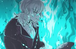  1boy ascot blue_fire coat commentary_request fire floating_clothes formal_clothes from_side fur_coat hair_between_eyes looking_down male_focus medium_hair messy_hair overcoat partially_colored pyrokinesis solo tsukihime tsukihime_(remake) uhana upper_body vampire vlov_arkhangel 