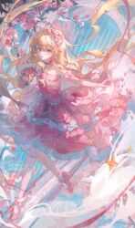  1girl :d absurdres arch beads blonde_hair blue_eyes bouquet bow character_request choker copyright_request dress dress_bow elbow_gloves english_text falling_petals flower footwear_bow frilled_choker frilled_dress frilled_gloves frills full_body gloves hair_beads hair_between_eyes hair_flower hair_ornament heart heart_choker highres holding holding_bouquet linghuizi long_hair looking_at_viewer open_mouth outstretched_arm petals pink_bow pink_choker pink_dress pink_flower pink_gloves pink_petals pink_shoes shoes smile socks solo strapless strapless_dress very_long_hair watermark white_socks 