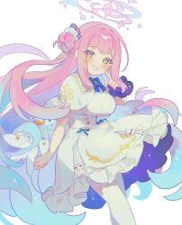  1girl blue_archive breasts crescent_wing_ornament dress feathered_wings flower hair_bun hair_flower hair_ornament halo highres large_breasts long_hair looking_at_viewer low_wings mika_(blue_archive) pink_hair pink_halo pointing pointing_at_viewer purple_scrunchie scrunchie single_side_bun smile solo tokage_(pr) trinity_general_school_logo white_dress white_wings wings wrist_scrunchie yellow_eyes 