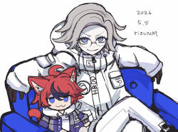  2boys ahoge animal_ears aotsuki_eito artist_name black_gloves black_streaks blue_eyes blue_jacket breast_pocket cat_boy cat_ears cat_tail chibi commentary_request couch crossed_legs dated evil_grin evil_smile glasses gloves grey_hair grey_jacket grin hood hoodie jacket jacket_over_hoodie kemonomimi_mode looking_at_viewer male_focus multicolored_hair multicolored_jacket multiple_boys on_couch open_clothes open_jacket outstretched_arms pocket red_hair rizu_(rizunm) short_hair sitting sleeve_pouch smile spoilers spread_arms streaked_hair sumino_takumi tail the_hundred_line_-last_defense_academy- two-tone_hair two-tone_jacket violet_eyes white_background white_hoodie white_jacket 