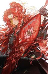  1girl backlighting black_gloves bngb_love cigarette coat collared_coat cowboy_shot curtained_hair expressionless eyeball gebura_(project_moon) gloves greatsword green_eyes hand_up high_collar highres holding holding_sword holding_weapon imitating library_of_ruina lobotomy_corporation long_hair long_sleeves looking_at_viewer parted_bangs ponytail project_moon red_coat red_hair revision sidelocks smoking solo sword very_long_hair weapon yellow_eyes 