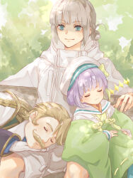  1girl 2boys aopix_001 aqua_eyes beard beret blonde_hair blue_eyes bow closed_eyes commentary_request drawstring facial_hair fate/grand_order fate_(series) gloves goredolf_musik green_bow grey_hair hair_bun hat highres jacket japanese_clothes kazuradrop_(fate) lap_pillow long_sleeves multiple_boys mustache oberon_(fate) purple_hair short_hair shorts signature sitting sleeping smile sparkle white_gloves white_hat white_jacket wide_sleeves yousei_sugoroku_mushikago_yuugi 