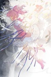  1girl absurdres bow closed_mouth dress floating full_body geezhiii gloves hair_bow highres kaname_madoka kneehighs looking_at_viewer magical_girl mahou_shoujo_madoka_magica medium_hair pink_eyes pink_hair pink_shoes ribbon shoes short_twintails skirt smile socks solo twintails 