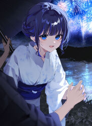  1boy 1girl aerial_fireworks amamori_junna amamori_junna_wa_shitsudo_ga_takai artist_name blue_eyes blue_hair blue_kimono blue_nails blue_sash commentary_request cover cover_page earrings fireworks highres holding_hands interlocked_fingers japanese_clothes jewelry kimono looking_at_viewer night novel_cover obi official_art open_mouth police sash school_uniform shiozaki_shino solo_focus summer_uniform textless_version yukata 