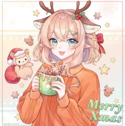  1girl animal_ears antlers aqua_eyes artist_name christmas commentary cup deer_ears english_commentary green_nails hair_ornament hat holding holding_cup holly_hair_ornament horns long_sleeves masshiromelon multicolored_nails open_mouth orange_sweater original pointy_ears red_nails reindeer_antlers santa_hat star_(symbol) sweater upper_body 