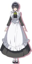  1girl apron black_dress black_hair black_shoes closed_mouth cross_tie dot_nose dress drop_shadow frilled_apron frills full_body green_cross_tie hat heroine?_seijo?_iie_all-works_maid_desu_(hokori)! highres long_dress long_sleeves looking_at_viewer maid maid_apron mary_janes melody_wave mob_cap official_art pantyhose shoes smile solo standing straight-on tachi-e transparent_background violet_eyes white_apron white_pantyhose 