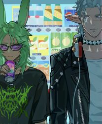  2boys animal_ears blush choker commentary dark-skinned_male dark_skin drink eheeya_(ff14) elezen elf facial_mark final_fantasy final_fantasy_xiv green_hair headphones highres holding holding_drink jacket jewelry leather leather_jacket looking_at_another male_focus medium_hair multiple_boys pink-tinted_eyewear pointy_ears pukeman_500 rabbit_boy rabbit_ears scar shirt smile sunglasses t-shirt the_tyrant_(ff14) tinted_eyewear vending_machine viera yellow_eyes 