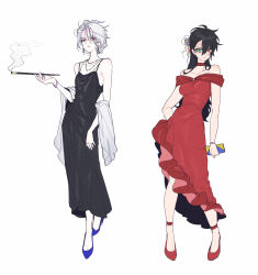 2girls absurdres ahoge aohitsugi_samatoki armpit_crease asymmetrical_bangs bag black_dress black_hair blue_shoes bracelet breasts bright_pupils choker cigarette cigarette_holder clutch_purse collarbone dress earrings evening_gown expressionless frilled_dress frills frown full_body fully_genderswapped_group genderswap genderswap_(mtf) gold_earrings gold_necklace green_eyes hair_between_eyes hair_bun hair_ornament hand_on_own_hip hand_up handbag heterochromia high_heels highres holding hypnosis_mic jewelry legs_apart long_hair looking_at_another looking_to_the_side medium_breasts messy_hair mole mole_under_eye multiple_bracelets multiple_girls multiple_necklaces multiple_rings myamkk72 necklace off-shoulder_dress off_shoulder pale_skin piercing_hole red_choker red_dress red_eyes red_shoes ring serious shawl shoes sideways_glance simple_background small_breasts smoking standing strappy_heels v-shaped_eyebrows white_background white_hair white_pupils white_shawl yamada_ichiro 