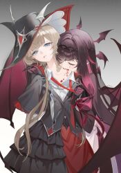  2girls alternate_universe bare_shoulders bat_wings bite_mark biting_shoulder black_dress black_gloves black_hair black_hat black_sleeves blood blood_on_face blood_on_mouth blood_on_shoulder blood_sucking blue_eyes brown_hair chain closed_eyes closed_mouth collared_shirt columbina_(genshin_impact) columbina_(marechaussee_hunter)_(genshin_impact) commentary_request cuffed dress genshin_impact gloves hair_ornament hat head_wings highres kurihara_junichi long_hair long_sidelocks multicolored_hair multiple_girls multiple_wings official_alternate_costume purple_hair purple_streaks purple_wings red_ribbon ribbon sandrone_(genshin_impact) sandrone_(marechaussee_hunter)_(genshin_impact) shirt short_hair_with_long_locks sidelocks smile streaked_hair two-tone_hair vampire veil very_long_hair wing_hair_ornament wings wrist_bow yuri 