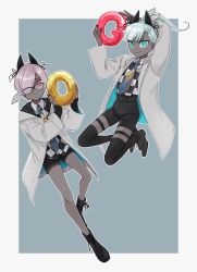  1boy 1girl absurdres alto168 animal_ears aqua_eyes aqua_hair black_boots black_shorts black_thighhighs blue_eyes blue_hair blue_necktie boots border boy_vajra_(celebratory_attire)_(fate) boy_vajra_(fate) closed_mouth coat collared_shirt commentary_request dark-skinned_female dark-skinned_male dark_skin doughnut earrings food full_body girl_vajra_(celebratory_attire)_(fate) girl_vajra_(fate) glasses highres holding holding_food horns jacket jewelry lab_coat long_hair looking_at_viewer male_focus multiple_boys necktie original outline personification pink_eyes ponytail purple_hair shirt short_hair shorts simple_background smile thigh-highs violet_eyes white_border white_coat 