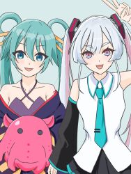  2girls :d alternate_costume alternate_hairstyle aqua_hair aqua_necktie aqua_trim arm_at_side arm_tattoo arm_up bare_shoulders black_skirt black_sleeves blue_background blue_eyes blunt_sidelocks cho_kaguya-hime! collarbone collared_shirt commentary_request cosplay costume_switch criss-cross_halter crossover detached_sleeves dot_nose hair_between_eyes hair_ornament hair_rings hairstyle_switch halterneck hatsune_miku hatsune_miku_(cosplay) highres japanese_clothes kanzashi kimono long_hair long_sleeves looking_at_viewer miniskirt multicolored_eyes multiple_girls necktie off_shoulder open_mouth pleated_skirt purple_kimono red_tattoo runami_yachiyo runami_yachiyo_(cosplay) runami_yachiyo_(tsukuyomi) shida_rio shirt side-by-side sidelocks simple_background skirt sleeveless sleeveless_shirt smile straight-on tattoo thick_eyebrows tie_clip trait_connection twintails two-tone_eyes umbrella_octopus upper_body v very_long_hair violet_eyes vocaloid white_hair white_shirt wide_sleeves wing_collar 